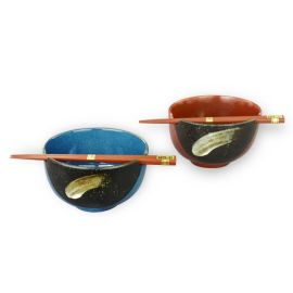 Pair Bowl Set w/Chopsticks -Kuro Hkeme 黒刷毛目